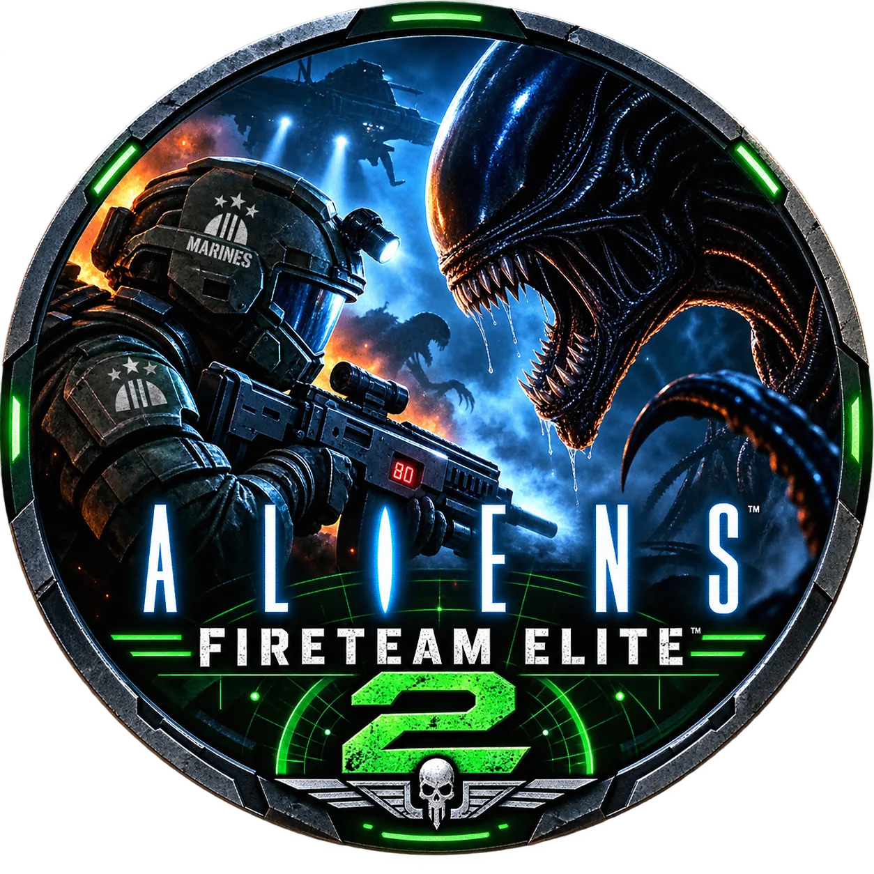 Colonial Marine facing a Xenomorph in Aliens Fireteam Elite 2 artwork