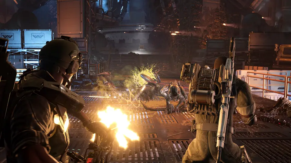 Colonial Marine firing at Xenomorphs inside an industrial facility