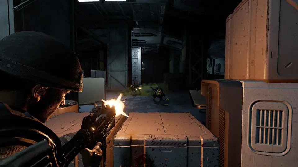 Colonial Marine firing across a futuristic combat area